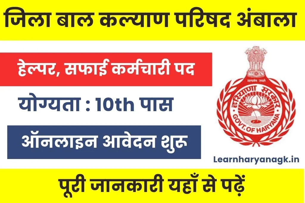 District Child Welfare Council Ambala Vacancy 2025 : जिला बाल कल्याण परिषद अंबाला भर्ती